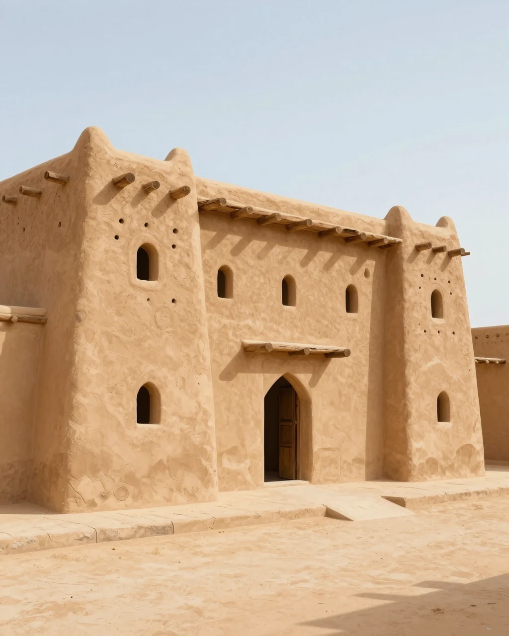 Illustration générée, Architecture soudano-sahélienne : Djenné : Street view of a fictional earthen Djenné-inspired residence.