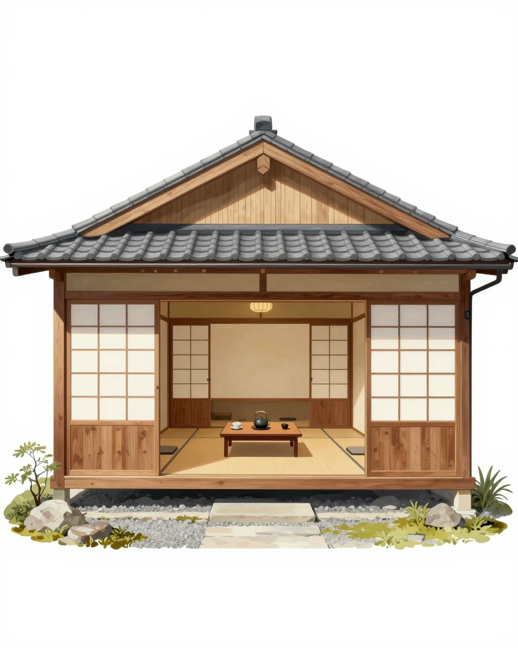 Illustration générée, Sukiya-zukuri : Tea-room-inspired reception suite opening to a garden.