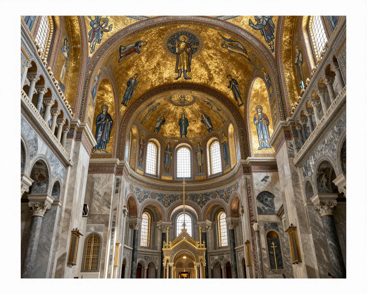 Illustration générée : Voûte et mosaïque, interprétation du sujet Art byzantin.