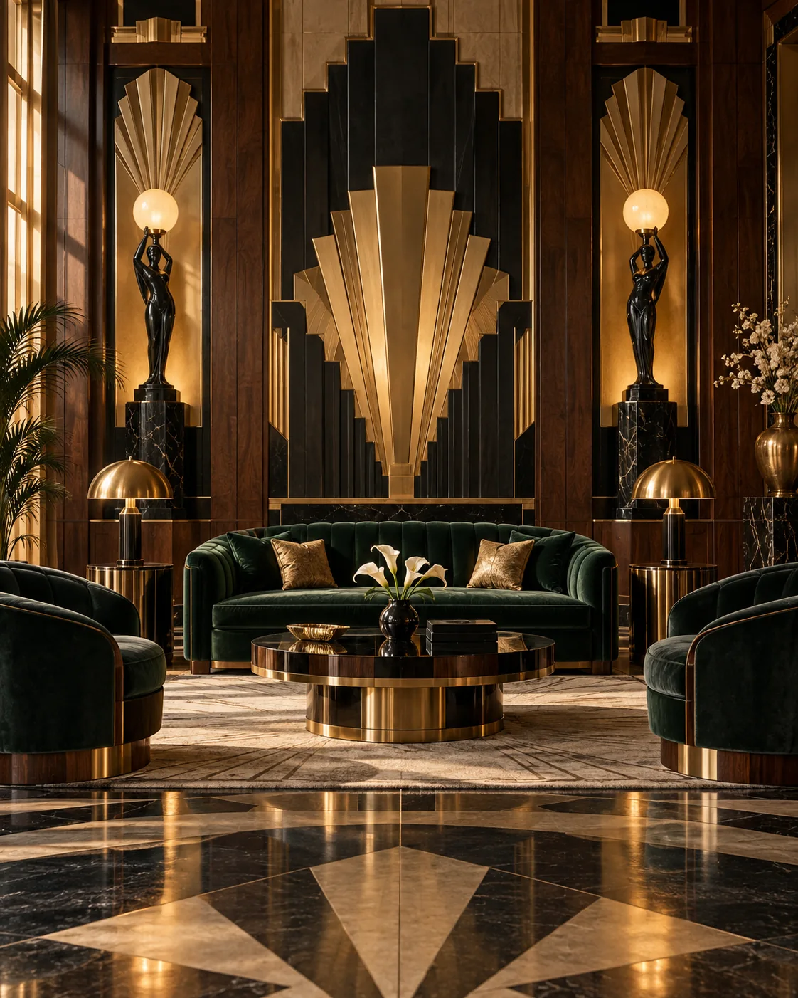 Illustration générée d'un salon Art déco fictif, avec motifs en éventail, volumes étagés et détails en laiton.