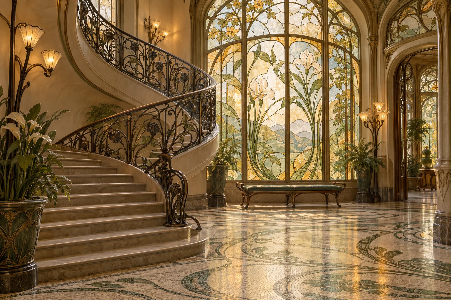 Illustration générée d'un intérieur Art nouveau fictif, avec escalier courbe et vitraux botaniques.