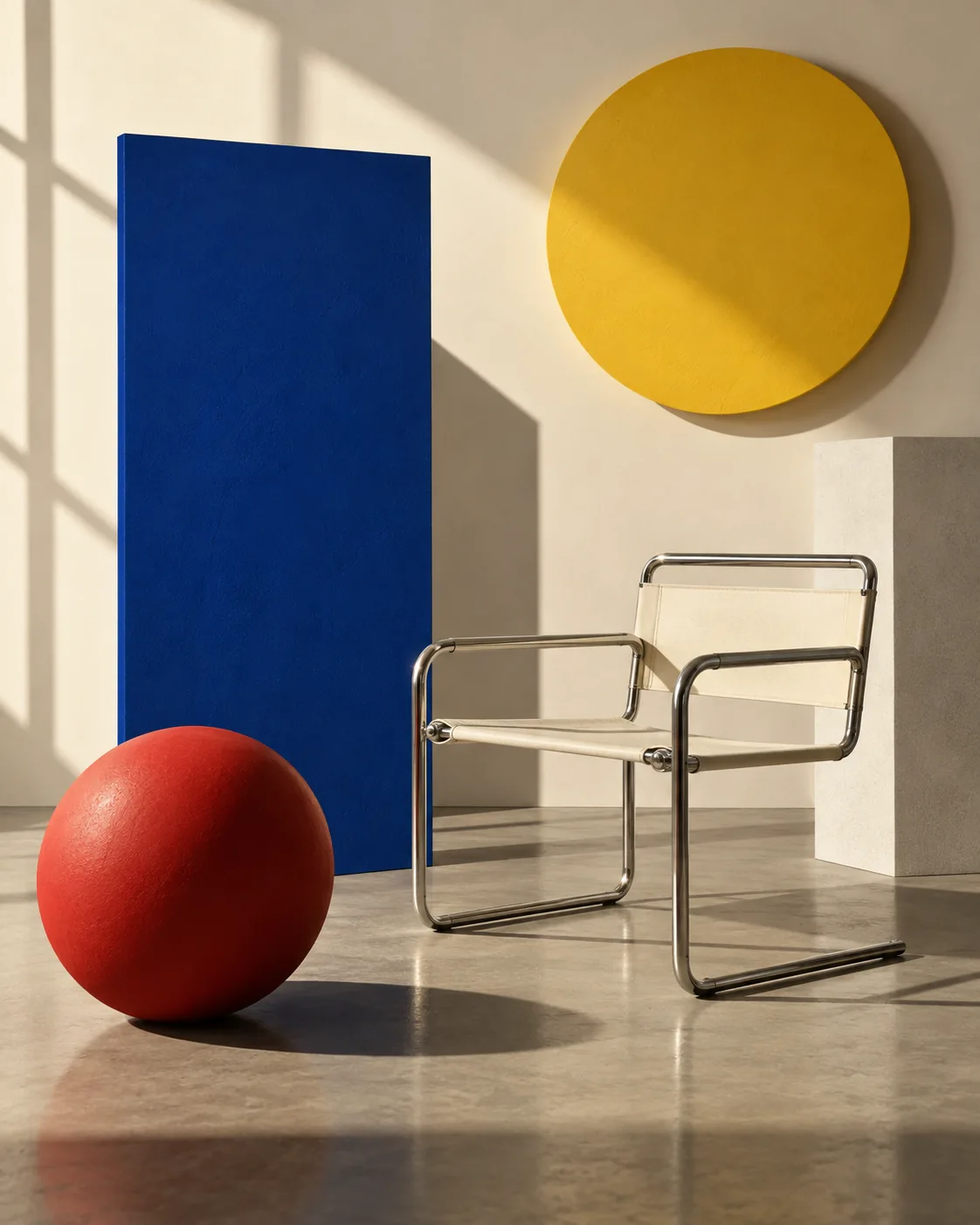 Illustration générée d'un intérieur géométrique inspiré du Bauhaus, avec mobilier tubulaire et formes colorées.