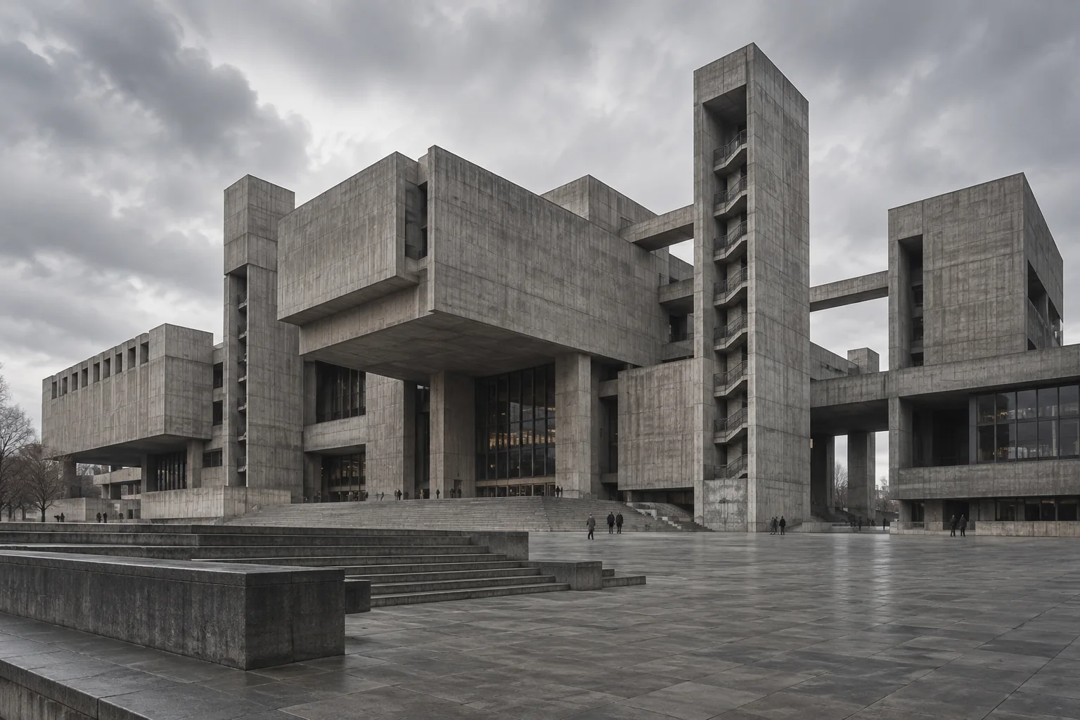 Illustration générée d'un bâtiment public brutaliste fictif aux volumes de béton apparent.