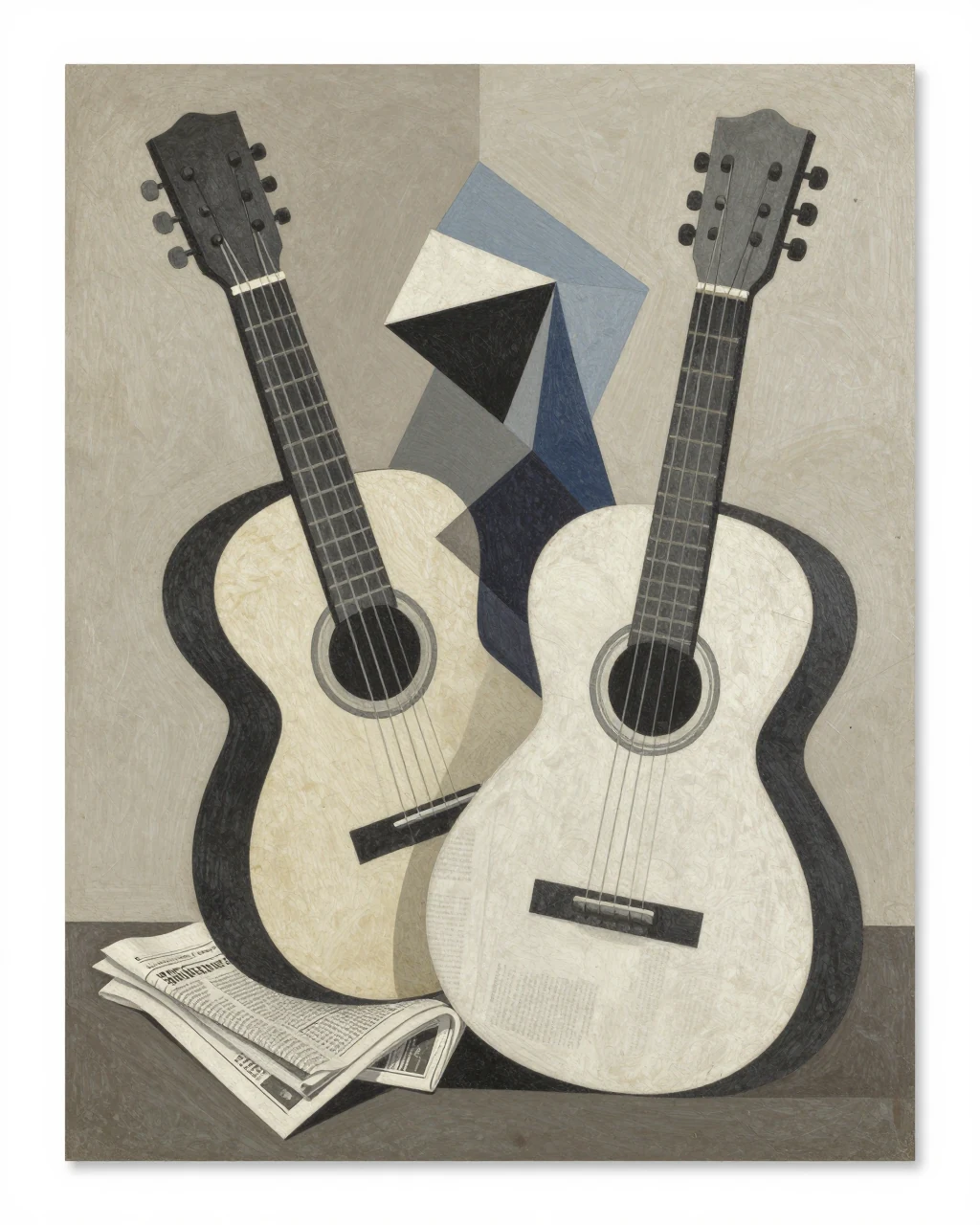 Illustration générée, Cubisme : Still life with guitar and folded newspaper forms.