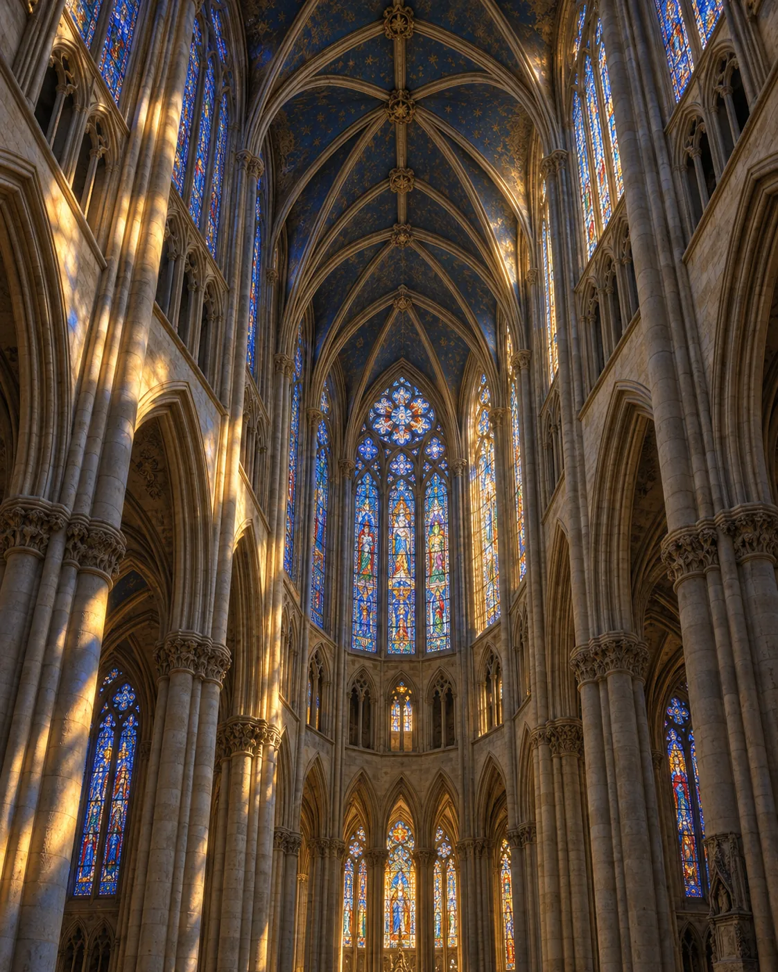 Illustration générée d'une cathédrale gothique fictive, avec arcs brisés, voûtes d'ogives et vitraux.