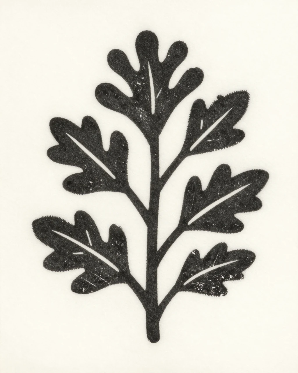 Illustration générée, Linogravure : Botanical relief print with broad carved black shapes.