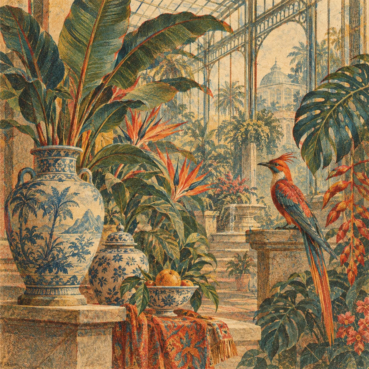 Illustration générée d'une image végétale inspirée de la lithographie en couleurs, avec grain d'encre et papier visible.