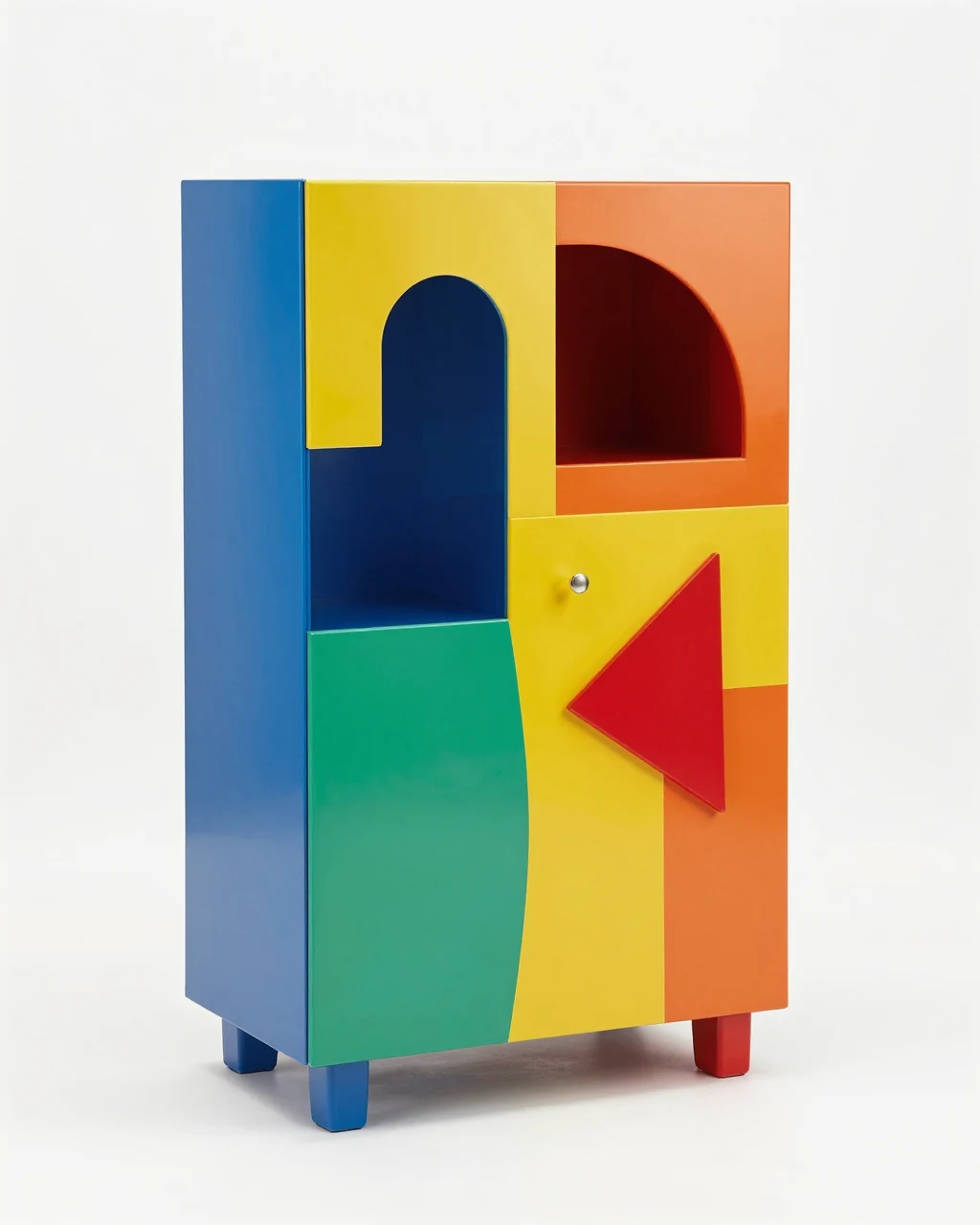 Illustration générée, Design Memphis : Asymmetric cabinet in colored laminate.
