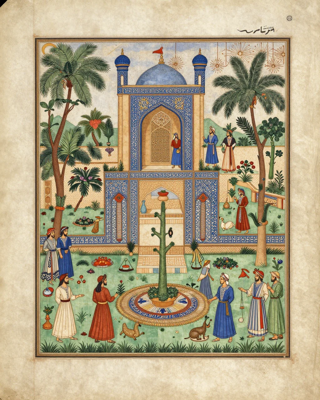 Illustration générée, Miniature persane : Fictional garden scene on a manuscript page.