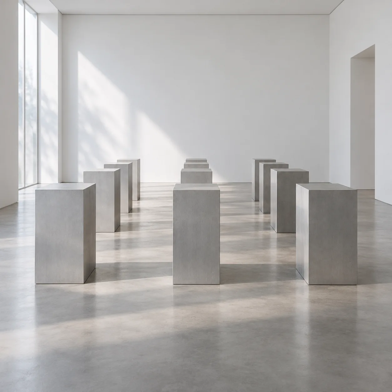 Illustration générée d'une installation sculpturale minimaliste fictive, faite de volumes répétés dans une salle blanche.