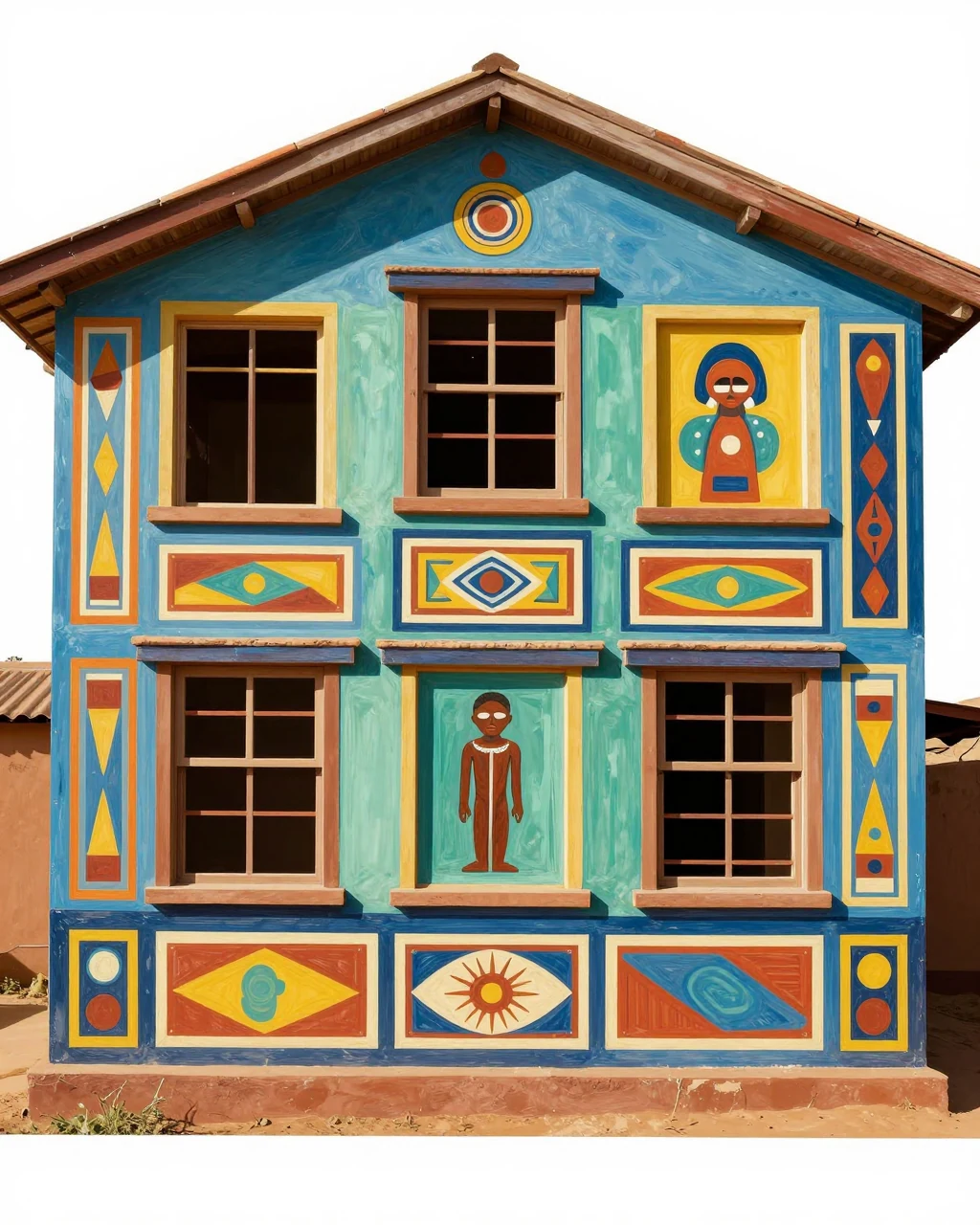 Illustration générée : Peinture murale ndebele, interprétation fictive et contextualisée des pratiques des communautés ndebele du Sud.