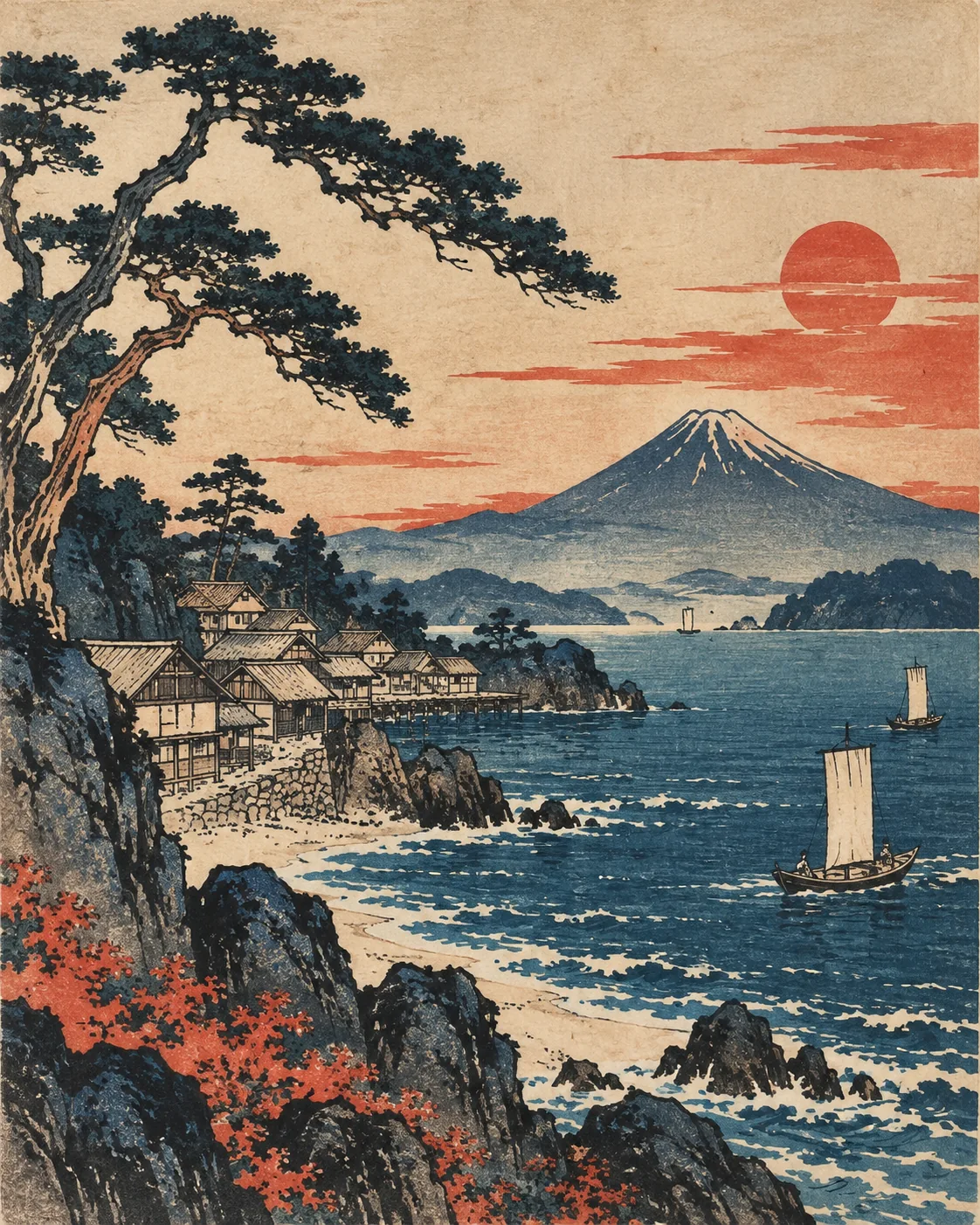 Illustration générée d'un paysage côtier inspiré de l'estampe japonaise ukiyo-e, sur une texture de papier.